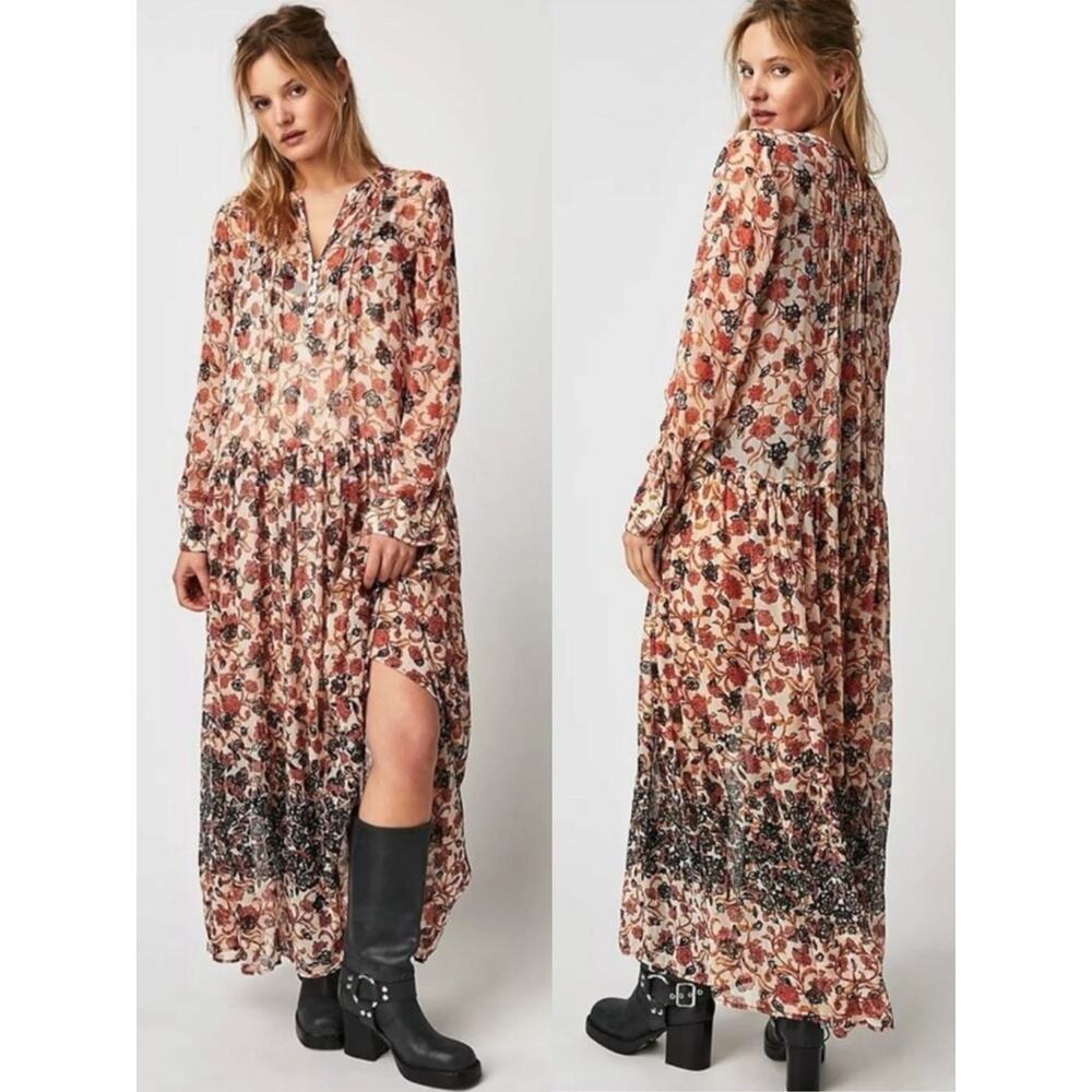 Free People Bohemian Billowy Floral See It Through Maxi Dress Tea Combo Medium - Picture 2 of 14